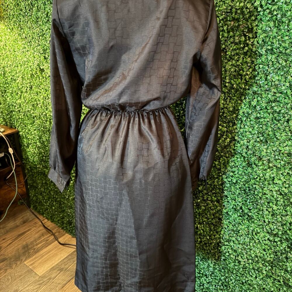 Vintage Black Satin Dress Southern Lady Size 7/8 Textured Jacquard Midi Long Sle